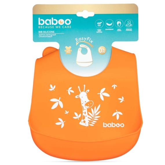 Набір для годування BABOO: мисочка, гнучкі виделка та ложка, нагрудник, 6+ (помаранчевий)