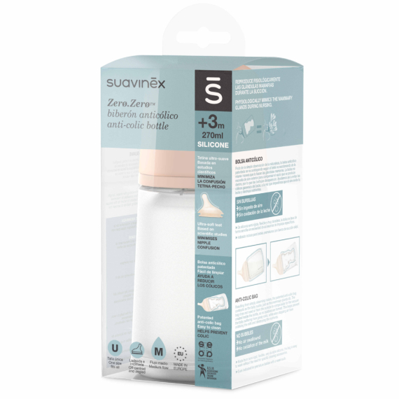 Пляшечка антиколікова Suavinex ZERO.ZERO, 270 мл, соска середній потік
