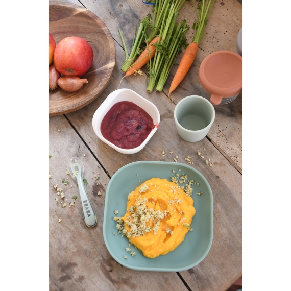 Набір: тарілка, миска, стакан, ложка Beaba 4+ (оливковий/білий)