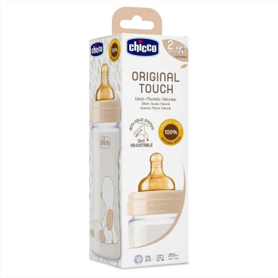 Пластикова пляшечка Chicco Original Touch, 250 мл, соска латексна від 2 місяців, змінний потік (бежева)