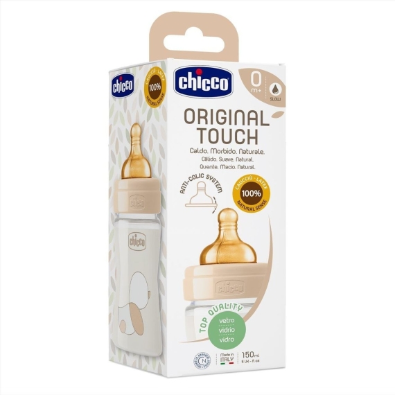 Стеклянная бутылочка Chicco Original Touch с латексной соской, от 0 месяцев, медленный поток