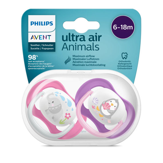 Пустушка Philips AVENT Ultra Air Animal SCF080/08, 6-18 міс, 2 шт (рожева і фіолетова)