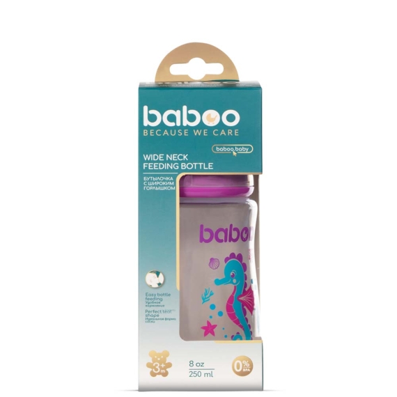 Бутылочка для кормления Baboo Sea Life Антиколиковая, 250 мл, средний поток, 3+ (фиолетовая)