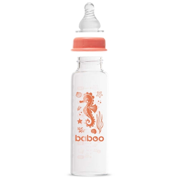 Скляна пляшечка для годування Baboo Антиколікова, 240 мл, 3+ міс (Sea Life / помаранчева)