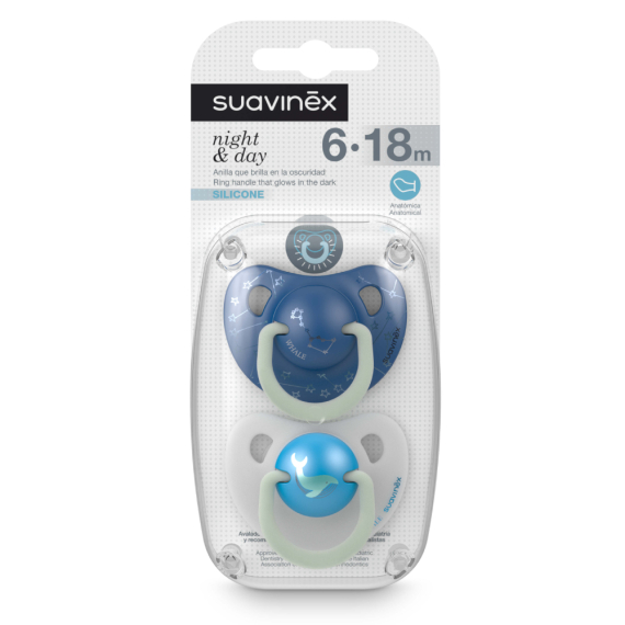 Пустушка Suavinex, анатомічна, набір 2 шт., 6–18 місяців, нічна (синій кит)