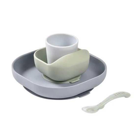 Набір: тарілка, миска, стакан, ложка Beaba 4+ (оливковий/сірий)