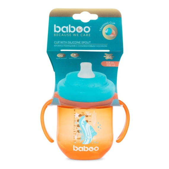 Чашка непроливайка Baboo с силиконовым носиком, 200 мл, 6+ мес (Sea Life / оранжевая)