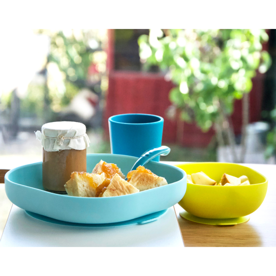 Набір: тарілка, миска, стакан, ложка Beaba 4+ (синій/неон)