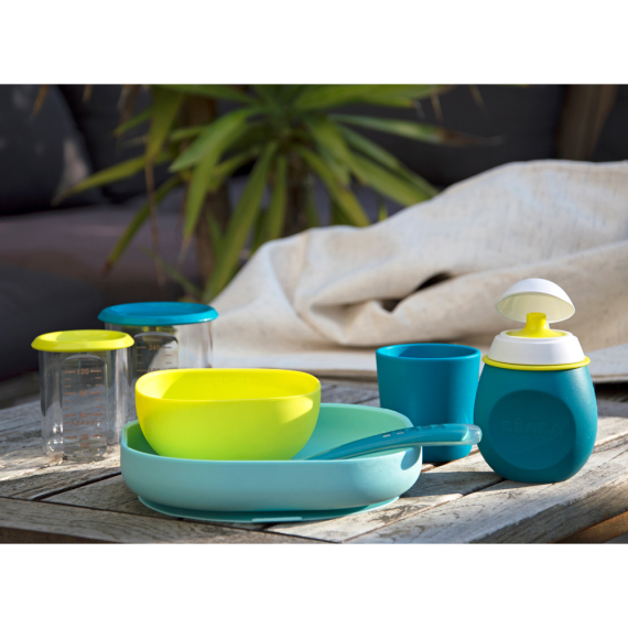 Набір: тарілка, миска, стакан, ложка Beaba 4+ (синій/неон)