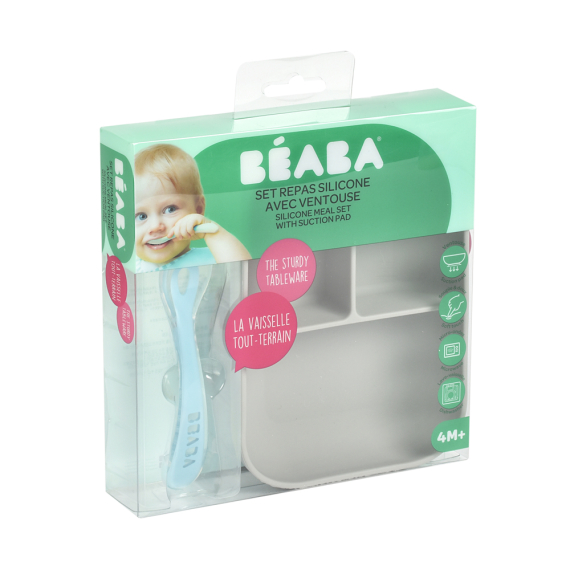 Набір Beaba силіконова порційна тарілка + ложка (сірий)