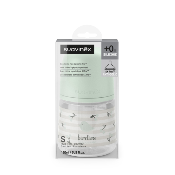 Пляшечка Suavinex Birdies, 150 мл, фізіологічна соска, повільний потік (м'ятна)