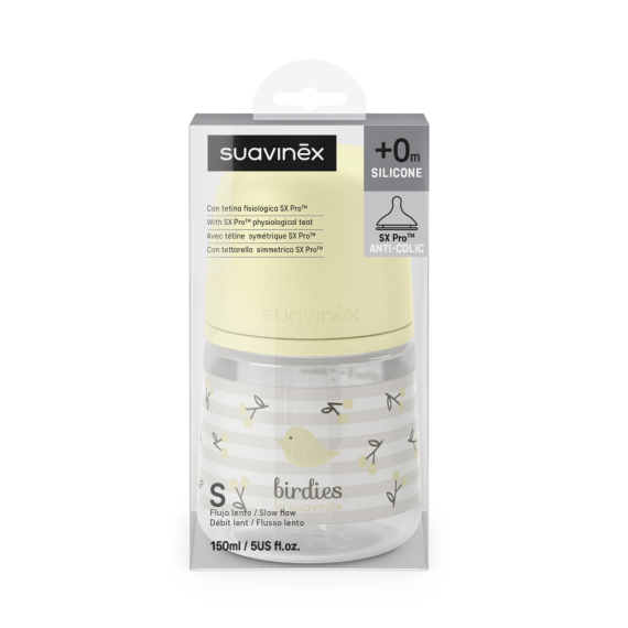 Пляшечка Suavinex Birdies, 150 мл, фізіологічна соска, повільний потік (бежева)