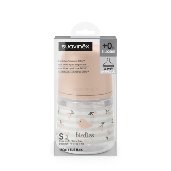 Пляшечка Suavinex Birdies, 150 мл, фізіологічна соска, повільний потік (світло-рожева)