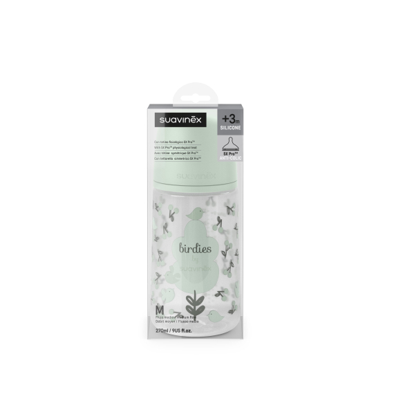 Пляшечка Suavinex Birdies, 270 мл, фізіологічна соска, середній потік (м'ятна)