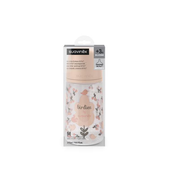 Пляшечка Suavinex Birdies, 270 мл, фізіологічна соска, середній потік (світло-рожева)