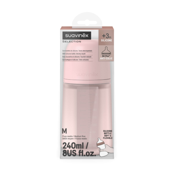 Пляшечка Suavinex Colour Essence, силіконова, 240 мл, фізіологічна соска, повільний потік (світло-рожева)