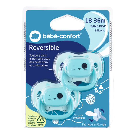Пустышка силиконовая реверсивная Bebe Confort, 2 шт, 18/36 (Minimalistic Animals / синяя)