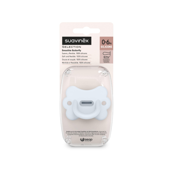 Пустышка Suavinex Colour Essence, физиологическая, в форме бабочки, 0–6 месяцев (голубая)