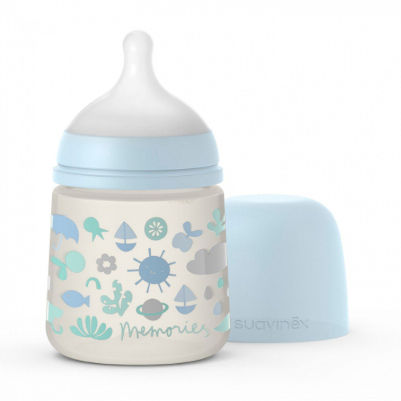 Пляшечка Suavinex Memories - історії малюків з фізіологічною соскою SX PRO, повільний потік, 150 мл (блакитна)