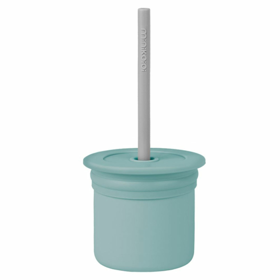 Чашка-контейнер с трубочкой силиконовая MinikOiOi Sip+Snack (Aqua Green/Powder Grey) - фото | Интернет-магазин автокресел, колясок и аксессуаров для детей Avtokrisla