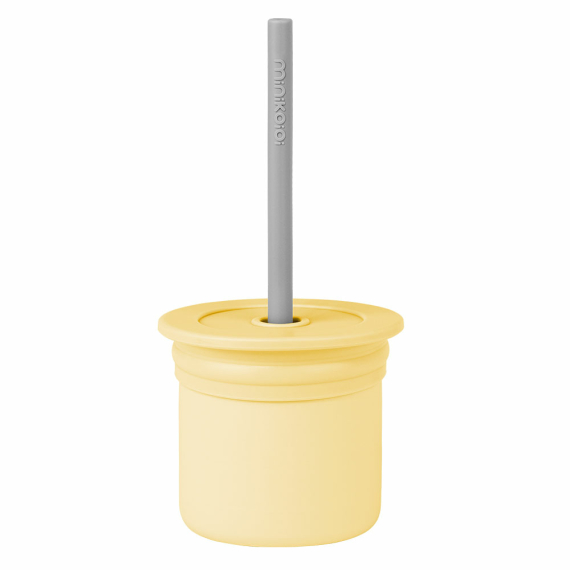 Чашка-контейнер з трубочкою силіконова MinikOiOi Sip+Snack (Mellow Yellow/Powder Grey) - фото | Интернет-магазин автокресел, колясок и аксессуаров для детей Avtokrisla