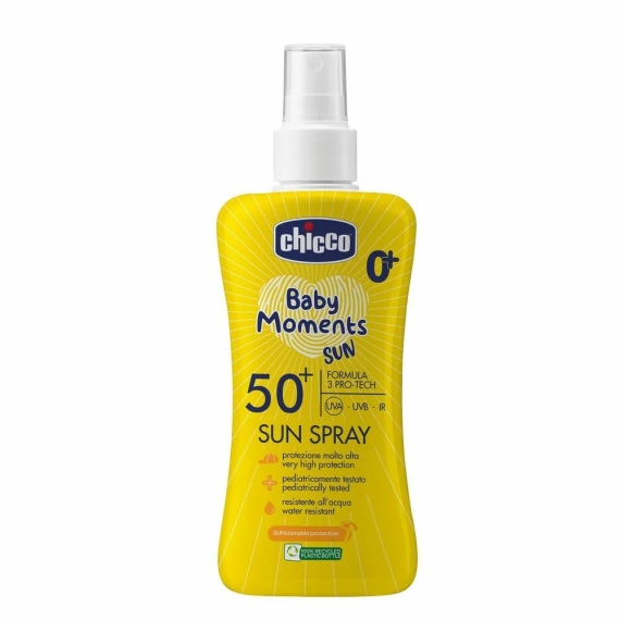 Молочко-спрей солнцезащитный Chicco Baby Moments SUN, SPF 50+ (150 мл) - фото | Интернет-магазин автокресел, колясок и аксессуаров для детей Avtokrisla