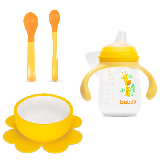 Набор посуды BABOO: мисочка, 2 мягкие ложки, чашка непроливайка, 6+ (желтый) - фото | Интернет-магазин автокресел, колясок и аксессуаров для детей Avtokrisla
