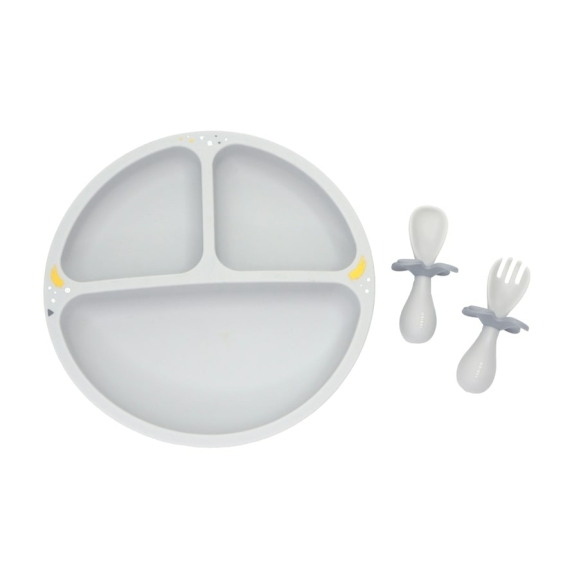 Набор посуды Oribel Cocoon: тарелка, ложка, вилка (серый) - фото | Интернет-магазин автокресел, колясок и аксессуаров для детей Avtokrisla