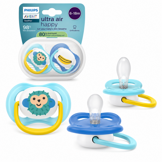 Пустушка Philips Avent Ultra Air, 2шт (синьо-жовта) - фото | Интернет-магазин автокресел, колясок и аксессуаров для детей Avtokrisla