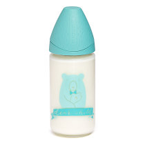 Пляшечка скляна Suavinex Сенс життя з 3-позиційною соскою, 120 мл (бірюзова з ведмедем)