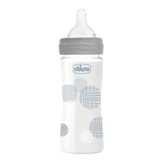 Пляшка скляна Chicco Well-Being 240 мл, повільний потік від 0 місяців (сіра) - фото | Интернет-магазин автокресел, колясок и аксессуаров для детей Avtokrisla