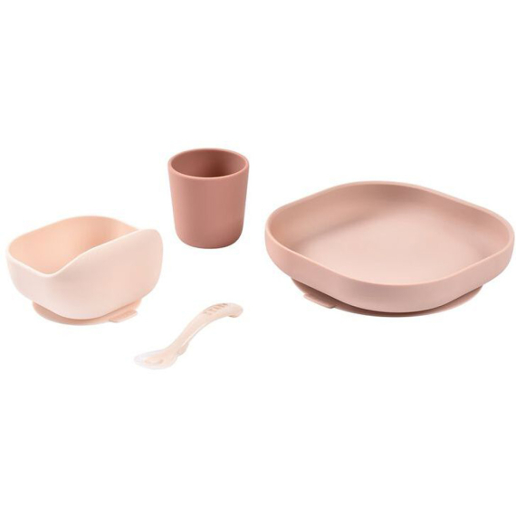 Набір: тарілка, миска, стакан, ложка Beaba 4+ (рожевий/кремовий) - фото | Интернет-магазин автокресел, колясок и аксессуаров для детей Avtokrisla