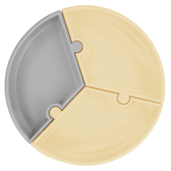 Секционная тарелка на присоске силиконовая MinikOiOi Puzzle (Mellow Yellow / Powder Grey) - фото | Интернет-магазин автокресел, колясок и аксессуаров для детей Avtokrisla