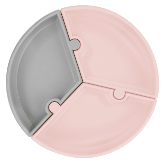 Секційна тарілка на присосці силіконова MinikOiOi Puzzle (Pinky Pink / Powder Grey) - фото | Интернет-магазин автокресел, колясок и аксессуаров для детей Avtokrisla