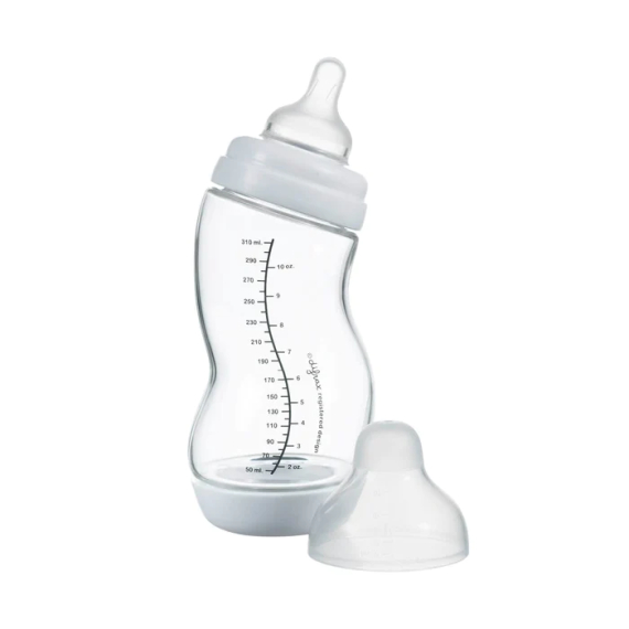 Стеклянная антиколиковая бутылочка Difrax S-bottle Wide с силиконовой соской, 310 мл (White) - фото | Интернет-магазин автокресел, колясок и аксессуаров для детей Avtokrisla
