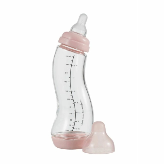 Скляна антиколікова пляшечка Difrax S-bottle Natural із силіконовою соскою, 250 мл (Pink) - фото | Интернет-магазин автокресел, колясок и аксессуаров для детей Avtokrisla
