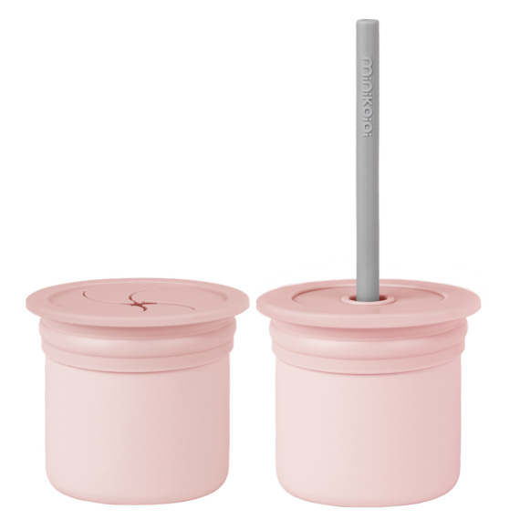 Чашка-контейнер с трубочкой силиконовая MinikOiOi Sip+Snack (Pinky Pink / Powder Grey) - фото | Интернет-магазин автокресел, колясок и аксессуаров для детей Avtokrisla